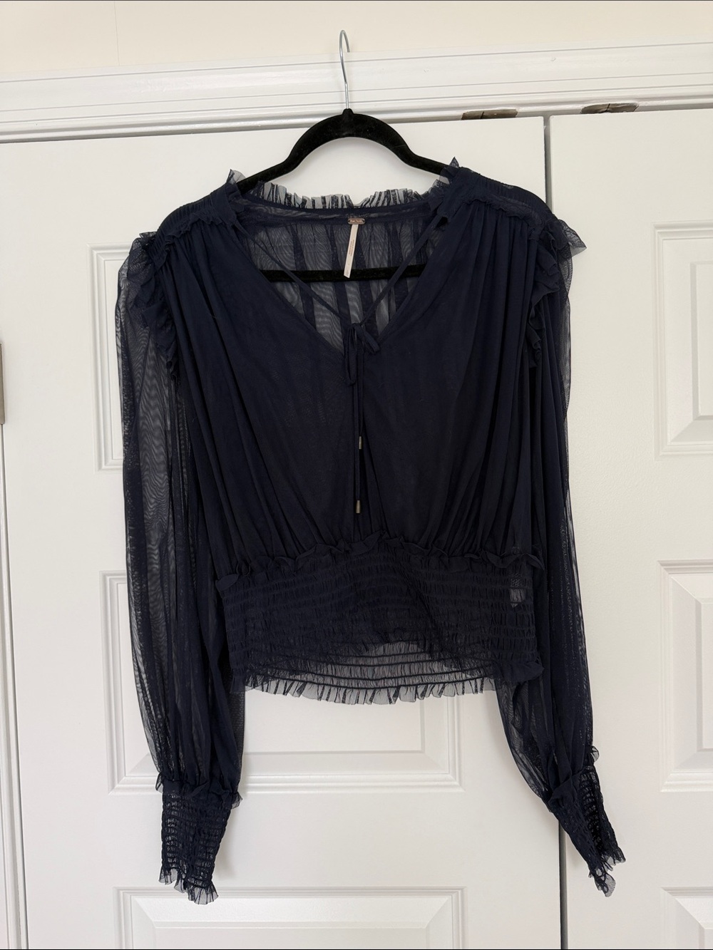Free People Navy Sheer Ruffle Peasant Blouse
